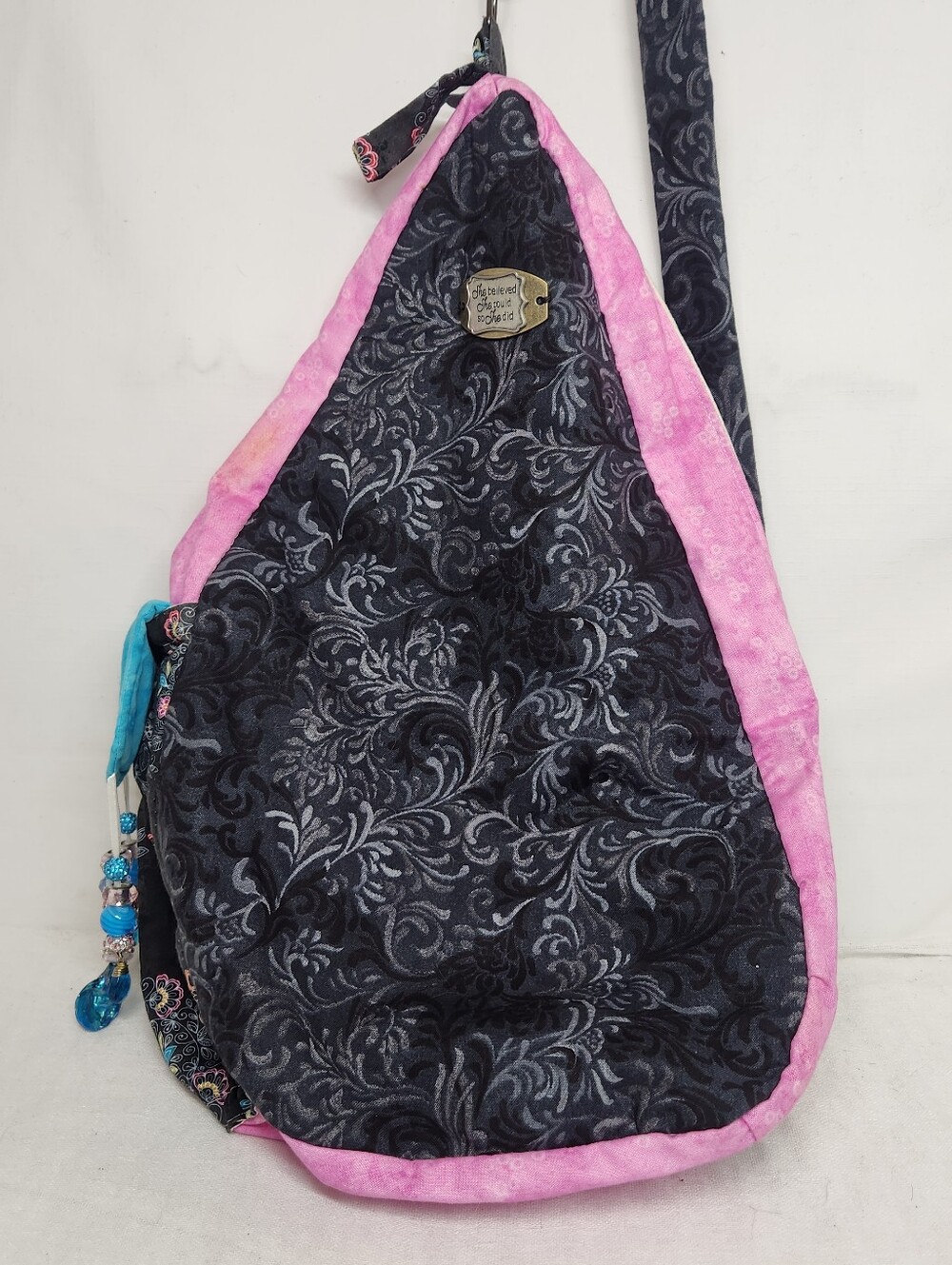Handmade Believe Black Pink Sling Backpack Cotton